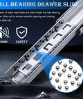 Close-up of heavy duty 18 inch drawer slide with lock and lock out full extension showing ball bearing runners and steel construction.