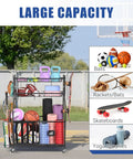 Garage Gear Sports Organizer With Hooks And Bins, Large Capacity Ball Storage Rack with balls, rackets, bats, skateboards, and yoga supplies