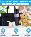 Rock Solid Electric Breast Milk Cooler Featuring Dual Four Ounce Insulated Storage Bottles, Usb C Powered Portable Nursing Chiller with teddy bear on a bed.