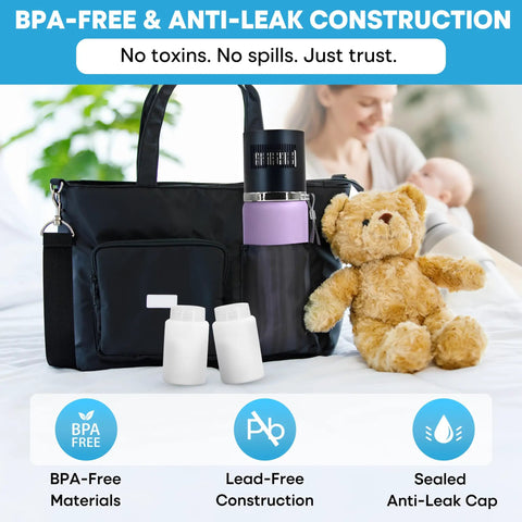 Rock Solid Electric Breast Milk Cooler Featuring Dual Four Ounce Insulated Storage Bottles, Usb C Powered Portable Nursing Chiller with teddy bear on a bed.