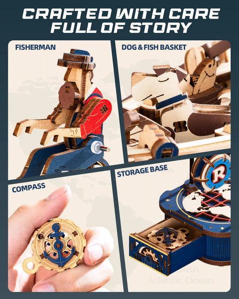 3D Wooden Puzzle Kit For Adults Featuring Gravity Swing Ship Model And Aircraft Model Building Set For Teens 14 Plus A Collectible showing details of the fisherman, dog and fish basket, compass, and storage base.