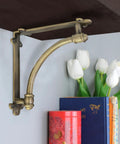 Heckin Heavy Duty Cast Iron Shelf Brackets, 2 Pack Antique Gold Wall Mounts supporting a wooden shelf with flowers and books.