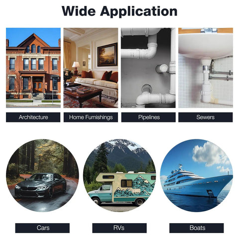 Collage showing applications of sealant: architecture, home furnishings, pipelines, sewers, cars, RVs, boats.