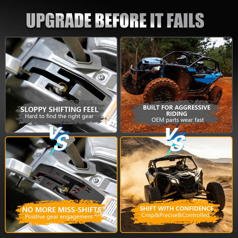 Heavy Duty Quick Shifter Gate For UTV Gear Shifter Upgrade For Can Am Maverick X3 And X3 Max Turbo R 2017 To 2025 One Eighth Inch Steel Shift Plate Built To Withstand Aggressive Shifting And Rugged Off Road Use shown in action with vehicles on different terrains.