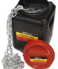 1/4 Inch Grade 30 Proof Coil Chain 141 Feet Zinc Plated Steel Rope in storage bucket for outdoor projects.