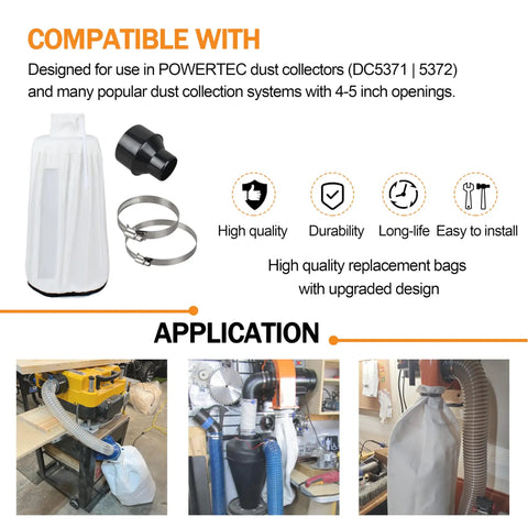 Heavy Duty Dust Collector Bag And Hose Reducer For Woodworking Planers showing filter bag and hose adapter with clamps, compatible with dust collectors.