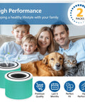 Family with pets next to 2 Pack 240 Toxin Absorber Replacement Filter for 240 Air Purifier with 3 in 1 Activated Carbon Filter and multi-stage filtration