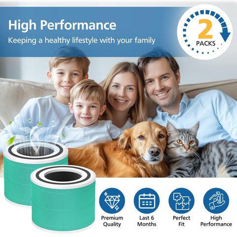Family with pets next to 2 Pack 240 Toxin Absorber Replacement Filter for 240 Air Purifier with 3 in 1 Activated Carbon Filter and multi-stage filtration