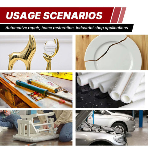 Usage scenarios collage for Instant Bonding Adhesive Repair Kit 4 Piece Set With Two Glue Bottles And Plastic Metal Reinforcing Powders