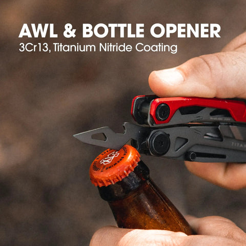 Locking Pocket Multi Tool 8 In 1 With Titanium Nitride Frame and awl tool opening bottle cap
