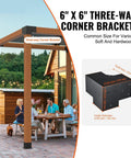 Beefy Heavy Duty 4 Piece 3 Way Corner Bracket Kit For 6x6 Posts shown in outdoor patio setting with specifications