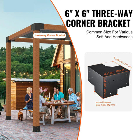 Beefy Heavy Duty 4 Piece 3 Way Corner Bracket Kit For 6x6 Posts shown in outdoor patio setting with specifications