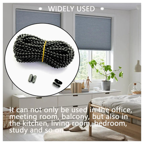 Black Plastic Bead Chain For Roller Blinds 10 Yards With 12 Connector Clips Replacement Parts For Vertical Shades Roman Shades And Roller Shade Blinds DIY Repair Kit displayed in a room.