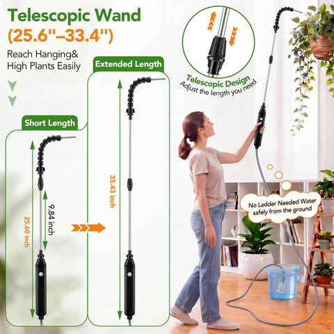 Cordless Rechargeable High Reach Plant Waterer With Telescoping Wand Extends From 25.6 To 35.4 Inches used by woman indoors