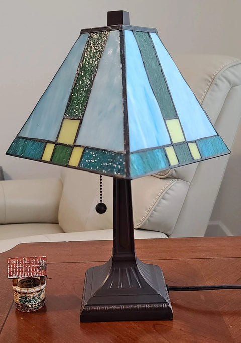 Tiffany Style Table Lamp With Stained Glass Mission Glass Panels In Rich Colors For Classic Living Room Or Bedroom Decor 8 Inch Shade 14 Inch Total Height Sturdy Metal Base Warm Ambient Glow Model AM354TL08