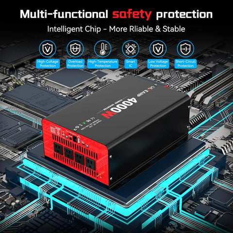 Heavy Duty 4000W Power Inverter Converts 12V DC To 120V AC With 8000W Peak Surge on circuit board showcasing safety features.