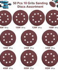 10 different grits of sanding discs from 80 to 800 on display, part of the 5 Inch Sanding Discs Kit, 50 Piece Multi Grit Sandpaper Set
