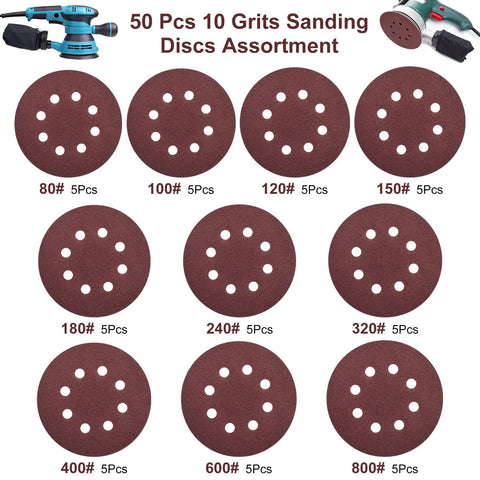 10 different grits of sanding discs from 80 to 800 on display, part of the 5 Inch Sanding Discs Kit, 50 Piece Multi Grit Sandpaper Set