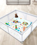 Extra Large Baby Playpen With Mat 79 By 71 Inches for Toddlers, mesh sides, colorful toys on mat in light gray frame.