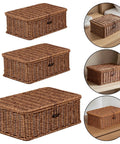 Three Piece Rectangular Woven Storage Bins With Lids Feature Slick Plastic Rattan Construction To Keep Your Home Tidy And Knocking Out Daily Clutter With Zero Hassle Prime Pick For Any Home Or Office - stacked and displayed.