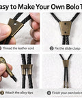 Three Pack Bolo Tie Findings Kit With Iron Slide Clasp Buckle, Alloy End Tips, And Braided Leather Cords For Men And Women, DIY Necktie Jewelry Making Supplies assembly steps