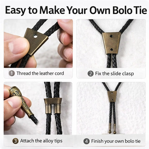 Three Pack Bolo Tie Findings Kit With Iron Slide Clasp Buckle, Alloy End Tips, And Braided Leather Cords For Men And Women, DIY Necktie Jewelry Making Supplies assembly steps