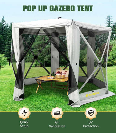 Six Sided Pop Up Gazebo Tent With Mesh Windows, Quick Set Up, 12x12 Foot Backyard And Camping Canopy Shelter, Removable Wind Panels