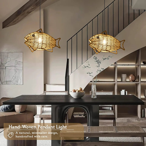 Woven Pendant Light Dope Boho Chandelier With Fish Shape Rustic Farmhouse Hemp Rope Rattan Fixture in dining room setting