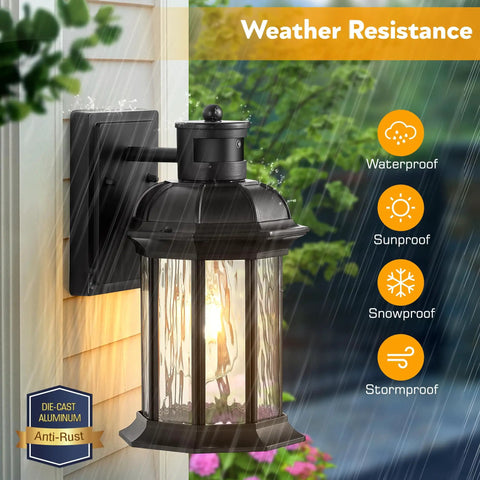 Motion Sensor Outdoor Porch Lights Modern Black Exterior Wall Mount Sconces With Ripple Glass 100 Percent Aluminum Anti Rust Waterproof Design For Garage Entryway Dusk To Dawn Sensor Adjustable Brightness And Easy No Fuss One Button Control