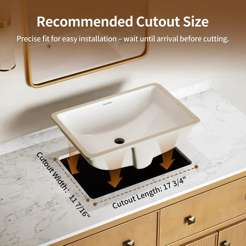 Top Shelf Undermount Bathroom Sink White Rectangle Basin With Overflow Drain Glazed Ceramic Finish For Modern Bar Vanity Fresh Look And No Sweat Setup Today showing recommended cutout size for installation.
