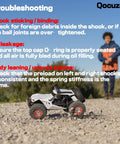 Troubleshooting tips for 1/24 RC Crawler Shocks Upgrade Kit with 40mm Big Bore Oil Shock Absorbers and RC car on rocky terrain