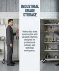 Heavy-Duty Metal Storage Cabinet With Four Shelves And Locking Doors Mobile Rolling Design For Garage Warehouse And Studio Stainless Steel Tool Organizer With Adjustable Feet And Built To Last Rugged Wheels, open in kitchen workspace