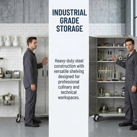 Heavy-Duty Metal Storage Cabinet With Four Shelves And Locking Doors Mobile Rolling Design For Garage Warehouse And Studio Stainless Steel Tool Organizer With Adjustable Feet And Built To Last Rugged Wheels, open in kitchen workspace