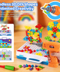 224 Piece Drill And Screwdriver STEM Building Set For Kids With 2D And 3D Blocks Kit Totally Great For Hands On Learning Fine Motor Skills And Creative Problem Solving. kids drill 2D and 3D colorful block set with storage case