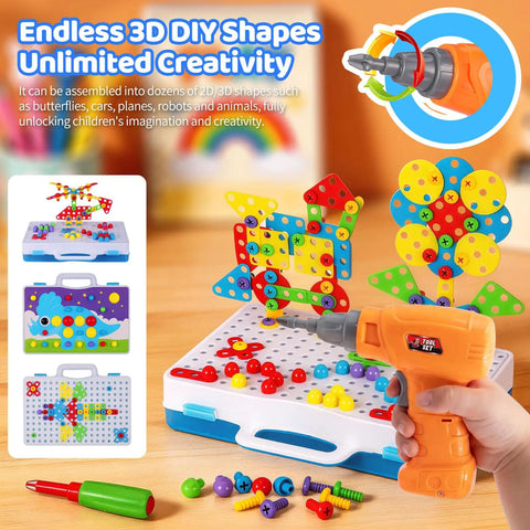 224 Piece Drill And Screwdriver STEM Building Set For Kids With 2D And 3D Blocks Kit Totally Great For Hands On Learning Fine Motor Skills And Creative Problem Solving. kids drill 2D and 3D colorful block set with storage case