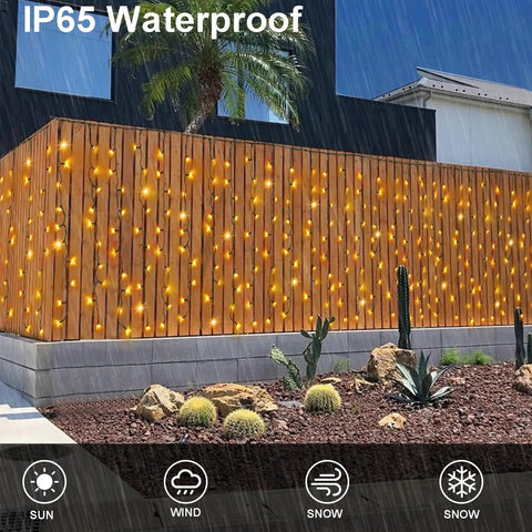 Outdoor fence with Solar Curtain Lights Outdoor 200 LED Set, 13Ft By 3.3Ft Waterproof String Lights, warm glow, IP65 waterproof