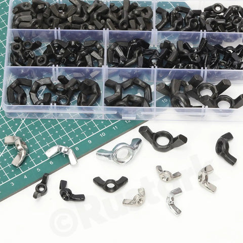 Top Notch 125PC Carbon Steel White Zinc Butterfly Wing Nuts Assortment Kit With Six Metric Sizes M3 Through M10 in black and silver.