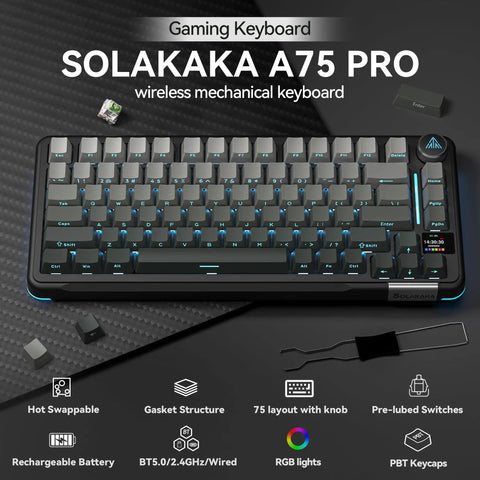 Hella Smooth Tri Mode Wireless Mechanical Keyboard With Smart Lcd Panel And Twist Knob Compact Seventy Five Design with RGB lights and PBT keycaps.