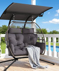 Oversized Double Hanging Swing Chair With Removable Canopy And Cushion, Double Egg Chair with basket on patio, gray fabric