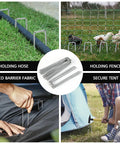 Heavy Duty 6 Inch 11 Gauge Galvanized Landscape Staples 100 Pack For Securing Weed Barrier Fabric Irrigation Hoses Netting And Outdoor Decor Garden Stakes And Sod Pins For Lawn And Patio Projects shown as multiple uses including hose, netting, fabric, and tent securing.