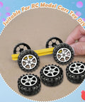 64 Piece Toy Wheels And Axles Set For DIY Model Car Building Projects Durable Plastic Car Tires With Axles displayed on a table