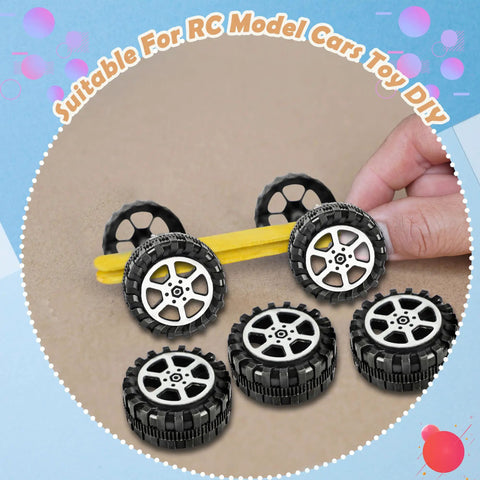 64 Piece Toy Wheels And Axles Set For DIY Model Car Building Projects Durable Plastic Car Tires With Axles displayed on a table