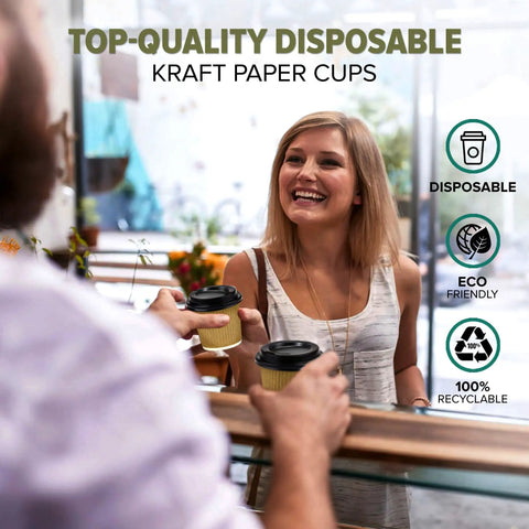 Barista handing over Premium 4 Oz Insulated Triple Wall Ripple Paper Coffee Cups With Black Lids 50 Pack to a smiling customer