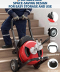 Worker carrying Heavy Duty 370W Drain Auger Featuring 100 Ft Bend Resistant Steel Core Cable With Foot Switch up stairs.