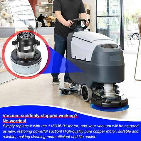 Atsmk 116336-01 120V vacuum motor – close-up inset, two-stage, for floor scrubber.