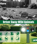 Fortress Pro Deer Repellent With Solar Ultrasonic Motion Activated Alarm And LED Light, green stake in lawn repels squirrels, deer and cats