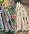 Before and after image showing wood logs transformed using Premium 4 5 Inch Wood Carving Disc For Angle Grinder.
