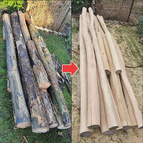 Before and after image showing wood logs transformed using Premium 4 5 Inch Wood Carving Disc For Angle Grinder.