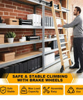 Man using Top Shelf Carbon Steel Sliding Library Ladder Track Kit 20FT Long For Wall Bookshelves With Slick Roller Glides.