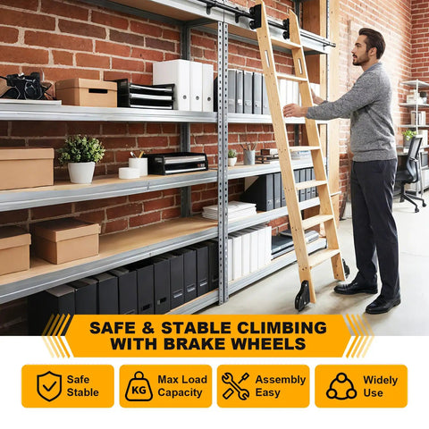 Man using Top Shelf Carbon Steel Sliding Library Ladder Track Kit 20FT Long For Wall Bookshelves With Slick Roller Glides.